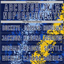 Load image into Gallery viewer, Custom Navy White Light Blue-Yellow Dripping Splatter Cracked Texture Sublimation Soccer Uniform Jersey