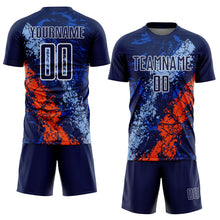 Load image into Gallery viewer, Custom Navy White Light Blue-Orange Dripping Splatter Cracked Texture Sublimation Soccer Uniform Jersey