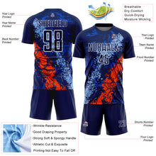 Load image into Gallery viewer, Custom Navy White Light Blue-Orange Dripping Splatter Cracked Texture Sublimation Soccer Uniform Jersey