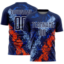 Load image into Gallery viewer, Custom Navy White Light Blue-Orange Dripping Splatter Cracked Texture Sublimation Soccer Uniform Jersey