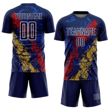 Charger l'image dans la galerie, Custom Navy White Red-Old Gold Dripping Splatter Cracked Texture Sublimation Soccer Uniform Jersey