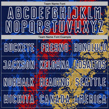 Charger l'image dans la galerie, Custom Navy White Red-Old Gold Dripping Splatter Cracked Texture Sublimation Soccer Uniform Jersey