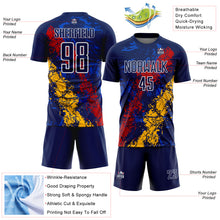 Загрузить изображение в средство просмотра галереи, Custom Navy White Red-Gold Dripping Splatter Cracked Texture Sublimation Soccer Uniform Jersey