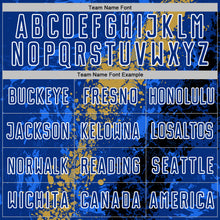 Загрузить изображение в средство просмотра галереи, Custom Royal White Old Gold-Black Dripping Splatter Cracked Texture Sublimation Soccer Uniform Jersey