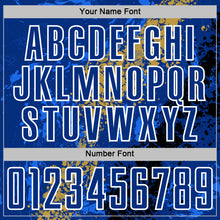 Загрузить изображение в средство просмотра галереи, Custom Royal White Old Gold-Black Dripping Splatter Cracked Texture Sublimation Soccer Uniform Jersey