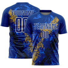 Загрузить изображение в средство просмотра галереи, Custom Royal White Old Gold-Black Dripping Splatter Cracked Texture Sublimation Soccer Uniform Jersey