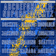 Загрузить изображение в средство просмотра галереи, Custom Royal White Gold-Black Dripping Splatter Cracked Texture Sublimation Soccer Uniform Jersey