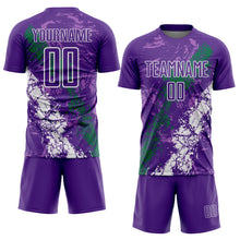 Загрузить изображение в средство просмотра галереи, Custom Purple White-Kelly Green Dripping Splatter Cracked Texture Sublimation Soccer Uniform Jersey