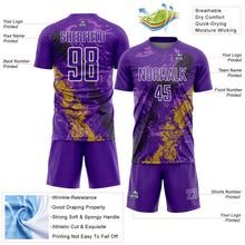 Laden Sie das Bild in den Galerie-Viewer, Custom Purple White Old Gold-Black Dripping Splatter Cracked Texture Sublimation Soccer Uniform Jersey