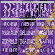 Laden Sie das Bild in den Galerie-Viewer, Custom Purple White Old Gold-Black Dripping Splatter Cracked Texture Sublimation Soccer Uniform Jersey