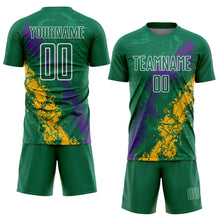 Загрузить изображение в средство просмотра галереи, Custom Kelly Green White Purple-Gold Dripping Splatter Cracked Texture Sublimation Soccer Uniform Jersey