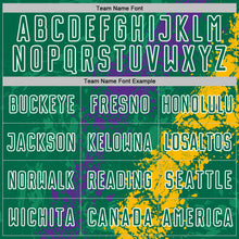 Загрузить изображение в средство просмотра галереи, Custom Kelly Green White Purple-Gold Dripping Splatter Cracked Texture Sublimation Soccer Uniform Jersey