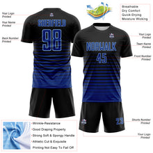 Load image into Gallery viewer, Custom Black Royal-Light Blue Gradient Pinstripe Sublimation Soccer Uniform Jersey