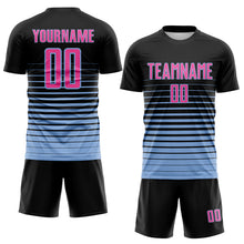 Laden Sie das Bild in den Galerie-Viewer, Custom Black Pink-Light Blue Gradient Pinstripe Sublimation Soccer Uniform Jersey