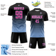 Laden Sie das Bild in den Galerie-Viewer, Custom Black Pink-Light Blue Gradient Pinstripe Sublimation Soccer Uniform Jersey