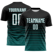 Load image into Gallery viewer, Custom Black White-Teal Gradient Pinstripe Sublimation Soccer Uniform Jersey