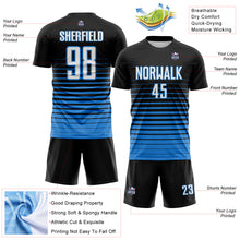 Загрузить изображение в средство просмотра галереи, Custom Black White-Powder Blue Gradient Pinstripe Sublimation Soccer Uniform Jersey