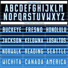 Загрузить изображение в средство просмотра галереи, Custom Black White-Powder Blue Gradient Pinstripe Sublimation Soccer Uniform Jersey