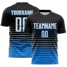 Загрузить изображение в средство просмотра галереи, Custom Black White-Powder Blue Gradient Pinstripe Sublimation Soccer Uniform Jersey