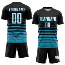 Charger l'image dans la galerie, Custom Black White-Panther Blue Gradient Pinstripe Sublimation Soccer Uniform Jersey