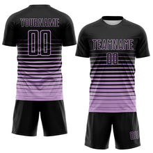Load image into Gallery viewer, Custom Black Light Purple Gradient Pinstripe Sublimation Soccer Uniform Jersey