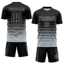 Load image into Gallery viewer, Custom Black Silver Gradient Pinstripe Sublimation Soccer Uniform Jersey