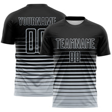 Load image into Gallery viewer, Custom Black Silver Gradient Pinstripe Sublimation Soccer Uniform Jersey