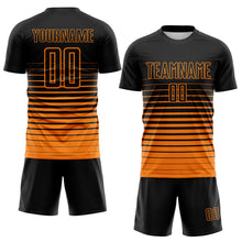 Load image into Gallery viewer, Custom Black Bay Orange Gradient Pinstripe Sublimation Soccer Uniform Jersey