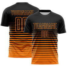Load image into Gallery viewer, Custom Black Bay Orange Gradient Pinstripe Sublimation Soccer Uniform Jersey