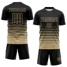 Load image into Gallery viewer, Custom Black Vegas Gold Gradient Pinstripe Sublimation Soccer Uniform Jersey