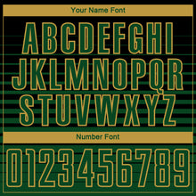 Load image into Gallery viewer, Custom Black Green-Old Gold Gradient Pinstripe Sublimation Soccer Uniform Jersey