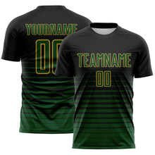 Load image into Gallery viewer, Custom Black Green-Old Gold Gradient Pinstripe Sublimation Soccer Uniform Jersey