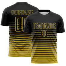 Load image into Gallery viewer, Custom Black Old Gold Gradient Pinstripe Sublimation Soccer Uniform Jersey