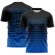 Load image into Gallery viewer, Custom Black Blue Gradient Pinstripe Sublimation Soccer Uniform Jersey