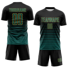 Загрузить изображение в средство просмотра галереи, Custom Black Midnight Green-Old Gold Gradient Pinstripe Sublimation Soccer Uniform Jersey