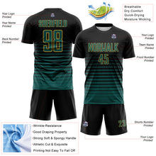 Загрузить изображение в средство просмотра галереи, Custom Black Midnight Green-Old Gold Gradient Pinstripe Sublimation Soccer Uniform Jersey