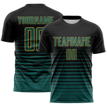 Загрузить изображение в средство просмотра галереи, Custom Black Midnight Green-Old Gold Gradient Pinstripe Sublimation Soccer Uniform Jersey