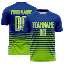 Load image into Gallery viewer, Custom Royal Neon Green-White Gradient Pinstripe Sublimation Soccer Uniform Jersey
