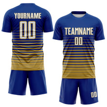 Load image into Gallery viewer, Custom Royal White-Old Gold Gradient Pinstripe Sublimation Soccer Uniform Jersey