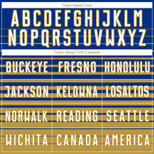 Load image into Gallery viewer, Custom Royal White-Old Gold Gradient Pinstripe Sublimation Soccer Uniform Jersey