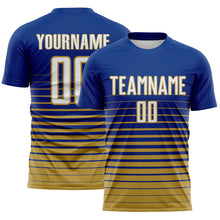 Load image into Gallery viewer, Custom Royal White-Old Gold Gradient Pinstripe Sublimation Soccer Uniform Jersey