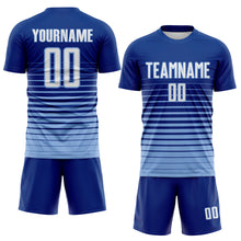 Laden Sie das Bild in den Galerie-Viewer, Custom Royal White-Light Blue Gradient Pinstripe Sublimation Soccer Uniform Jersey
