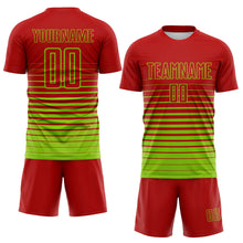 Charger l'image dans la galerie, Custom Red Neon Green Gradient Pinstripe Sublimation Soccer Uniform Jersey