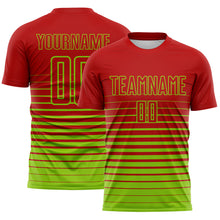 Charger l'image dans la galerie, Custom Red Neon Green Gradient Pinstripe Sublimation Soccer Uniform Jersey