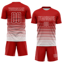 Load image into Gallery viewer, Custom Red White Gradient Pinstripe Sublimation Soccer Uniform Jersey