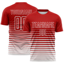 Load image into Gallery viewer, Custom Red White Gradient Pinstripe Sublimation Soccer Uniform Jersey
