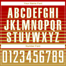 Загрузить изображение в средство просмотра галереи, Custom Red White-Old Gold Gradient Pinstripe Sublimation Soccer Uniform Jersey