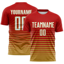 Загрузить изображение в средство просмотра галереи, Custom Red White-Old Gold Gradient Pinstripe Sublimation Soccer Uniform Jersey