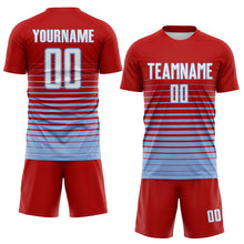 Load image into Gallery viewer, Custom Red White-Light Blue Gradient Pinstripe Sublimation Soccer Uniform Jersey