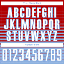 Load image into Gallery viewer, Custom Red White-Light Blue Gradient Pinstripe Sublimation Soccer Uniform Jersey